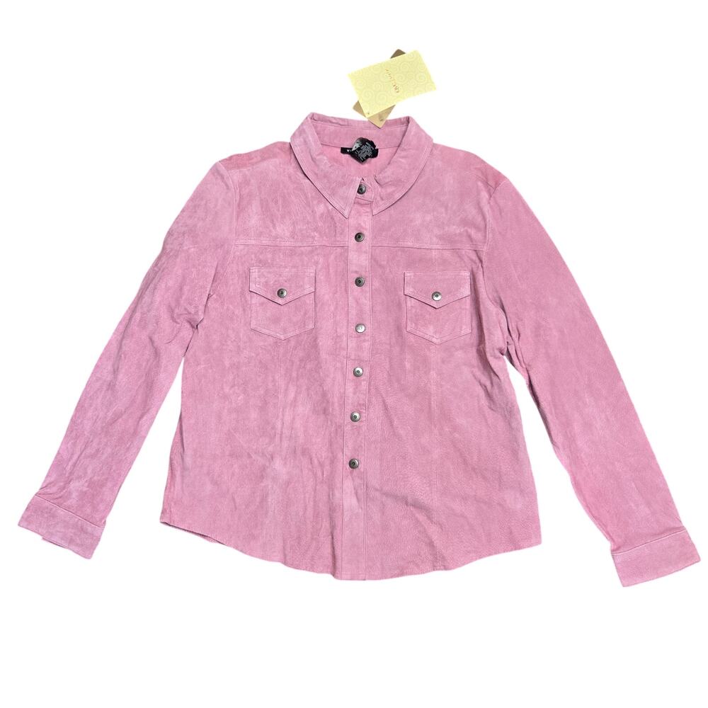 New Denim & Co. Button Snap Jacket Women's Leather Long Sleeve Snap Pink